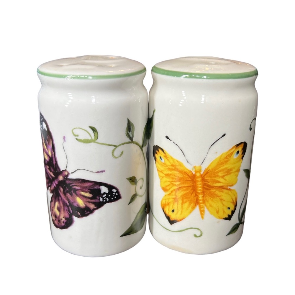 Porcelain Butterfly Printed Salt & Pepper Shakers EXCELLENT Condition Purple Red